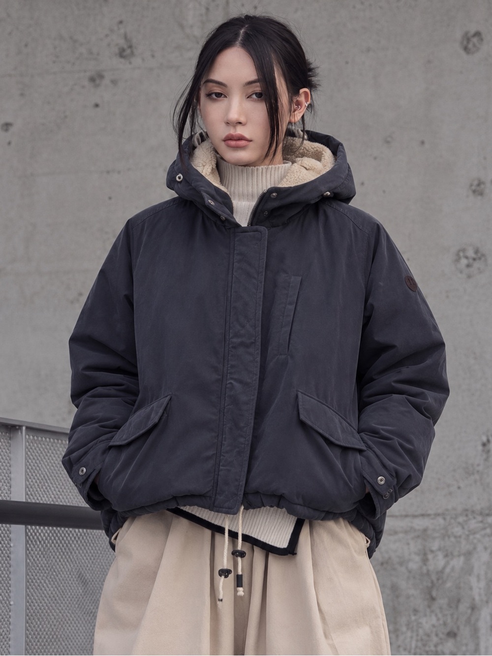 Only Navy Bomber Jacket with Cream Sherpa Hood
